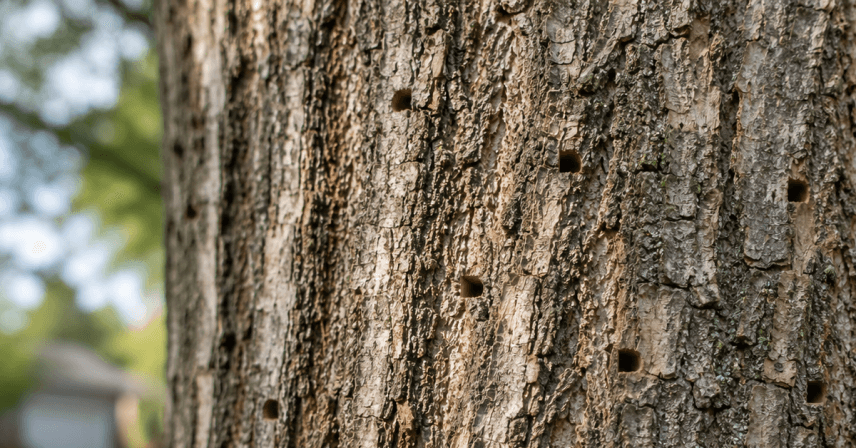 D-shaped emerald ash borer exit holes on Lafayette ash tree
