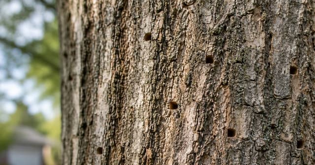 D-shaped emerald ash borer exit holes on Lafayette ash tree